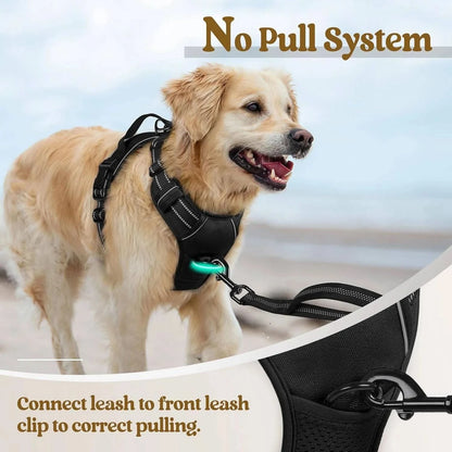 Noblias no-pull dog harness with adjustable fit, front leash clip, reflective safety vest, and handle for secure outdoor walks.