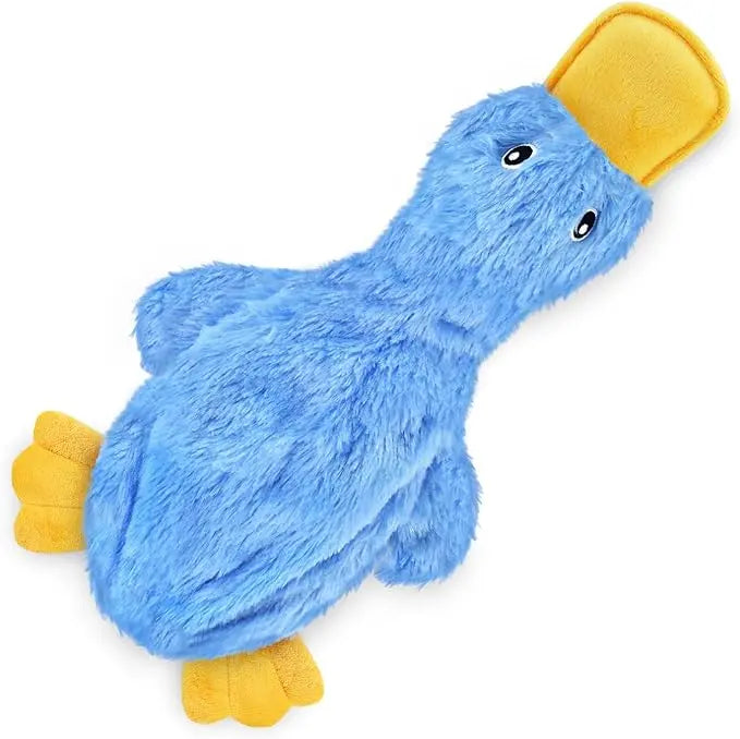 Blue no stuffing duck dog toy with a yellow bill and feet on a white background.