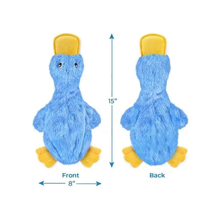 Front and back of the blue no stuffing duck dog toy with its 15 inch height and 8 inch width marked.