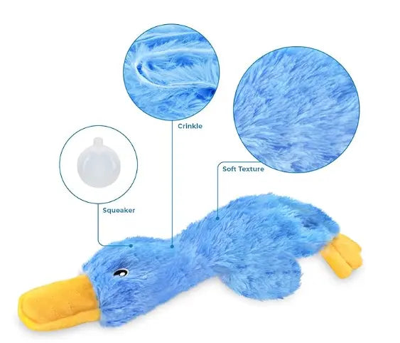 Blue no stuffing duck dog toy with callouts for the squeaker, the crinkle wings and the soft texture.