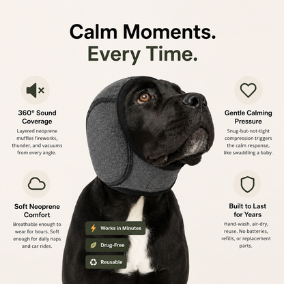 Black Labrador in the gray ear muffs, labeled 360 degree sound coverage, gentle calming pressure, soft neoprene comfort and built to last