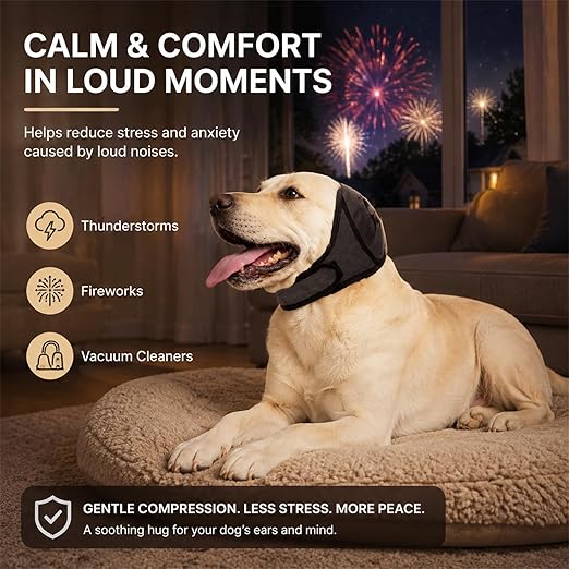Labrador resting calmly on a bed in the gray ear muffs while fireworks light the window, labeled for thunderstorms, fireworks and vacuum cleaners