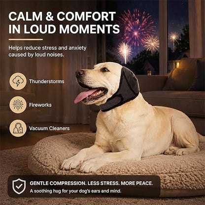 Labrador resting calmly on a bed in the gray ear muffs while fireworks light the window, labeled for thunderstorms, fireworks and vacuum cleaners