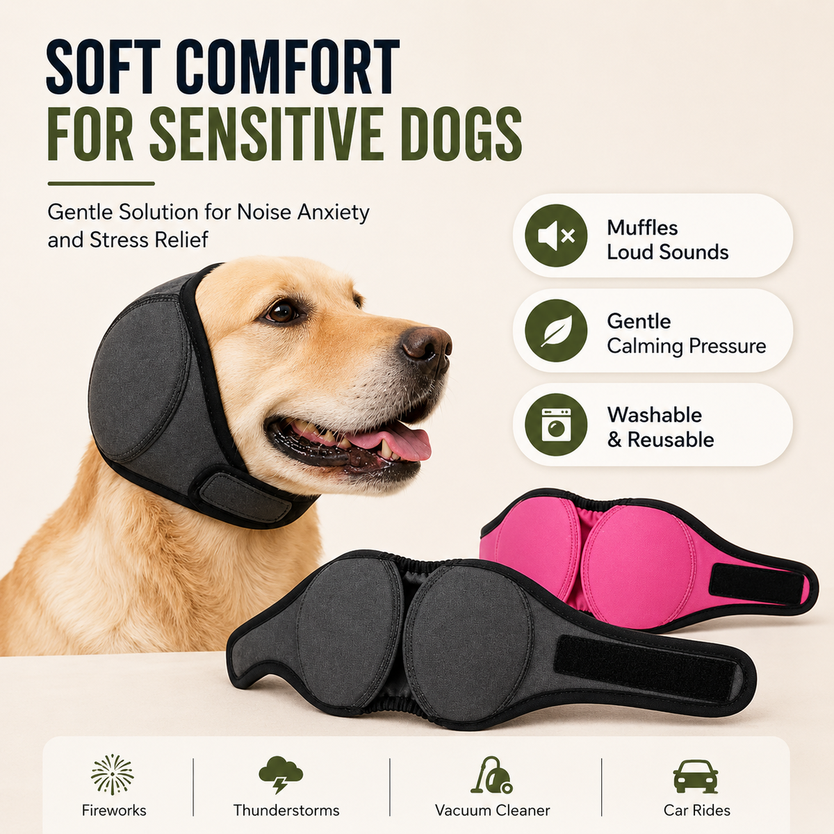 Golden Retriever beside the gray and pink dog ear muffs, labeled soft comfort for sensitive dogs, muffles loud sounds, washable and reusable