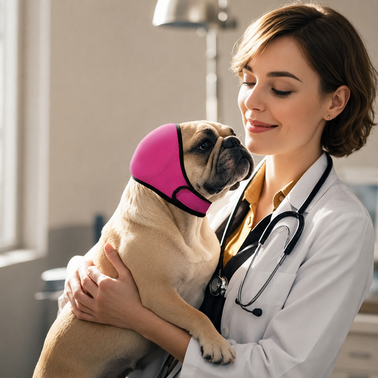 Vet holding a yellow Labrador wearing the gray Noblias noise cancelling dog ear muffs, eyes and nose left uncovered