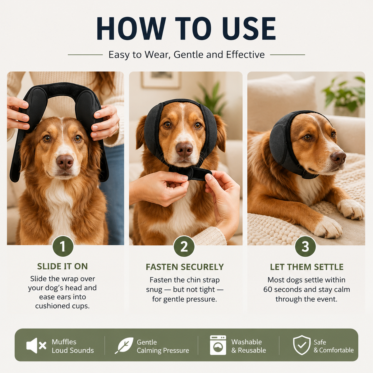 How to use in three steps on a Labrador: slide it on over the head, fasten the chin strap, let the dog settle