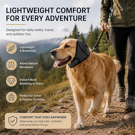 Golden Retriever on a mountain walk in the gray ear muffs, labeled lightweight comfort for daily walks, travel and outdoor fun