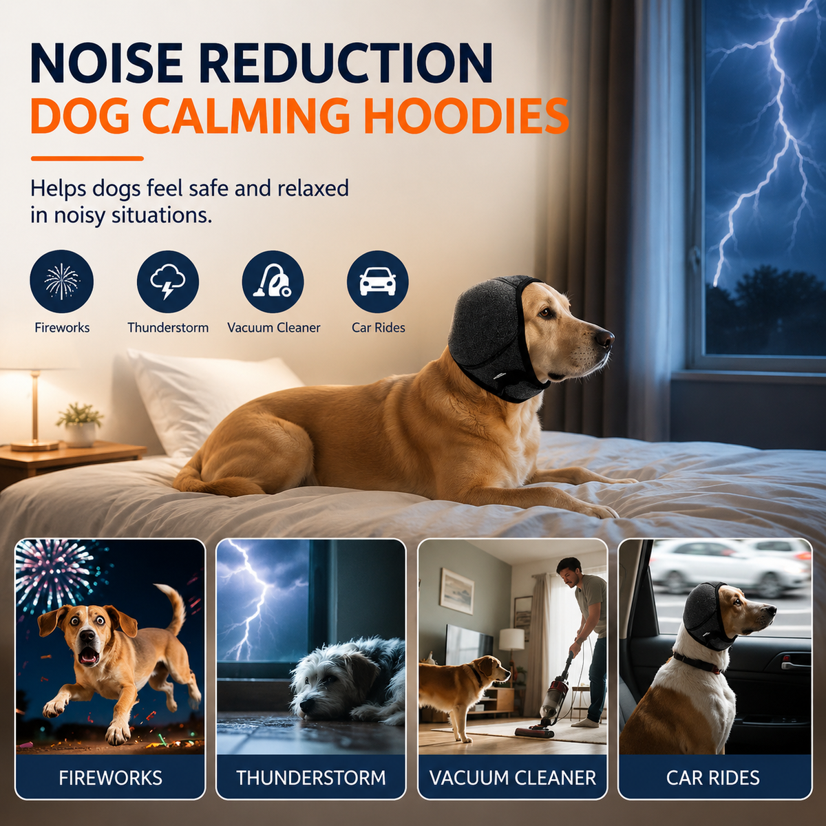 Labrador wearing the gray calming hood on a bed, with fireworks, thunderstorm, vacuum cleaner and car rides shown as situations it helps with