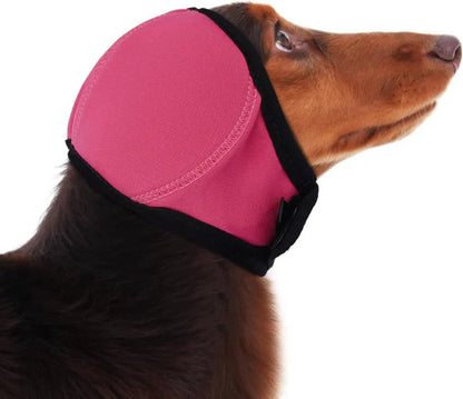 Side view of a brown dog wearing the pink neoprene ear muffs