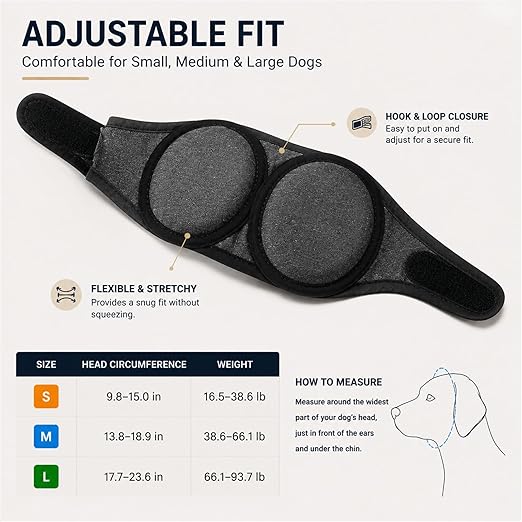 Size chart for the dog ear muffs in S, M and L with head circumference and weight ranges, plus how to measure around the head