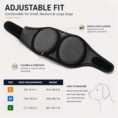 Size chart for the dog ear muffs in S, M and L with head circumference and weight ranges, plus how to measure around the head