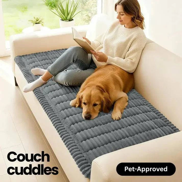 Woman reading on a cream sofa with a golden retriever on the gray ribbed plush cover, captioned couch cuddles.