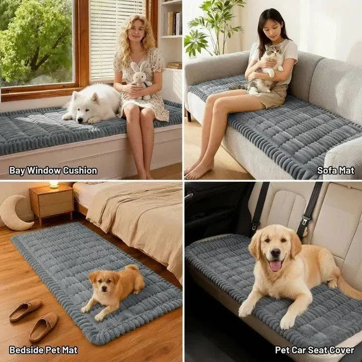 Four panels showing the cover as a bay window cushion, a sofa mat, a bedside pet mat and a pet car seat cover.
