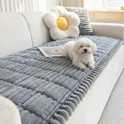 Maltese lying on the gray ribbed plush couch cover on a cream sofa.