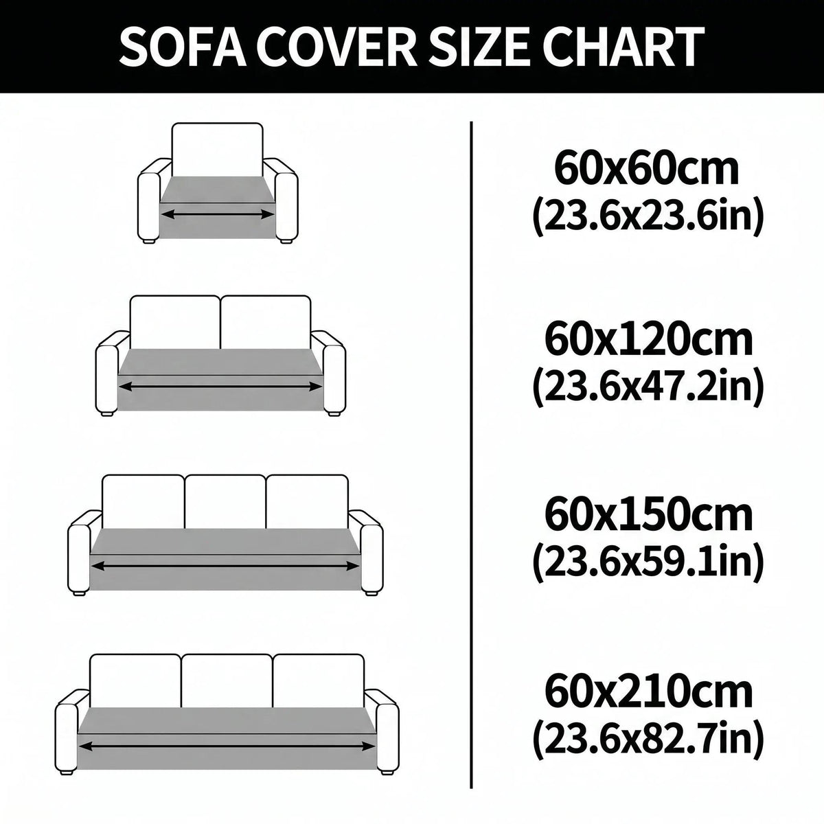 Sofa cover size chart showing 60 by 60, 60 by 120, 60 by 150 and 60 by 210 cm against one to three seat sofas.