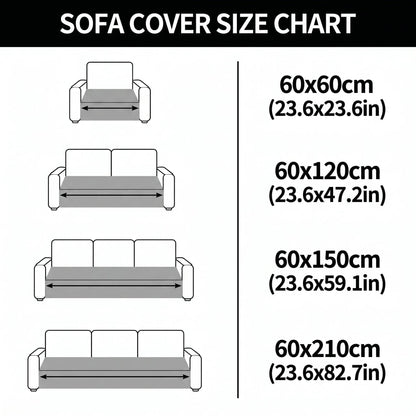 Sofa cover size chart showing 60 by 60, 60 by 120, 60 by 150 and 60 by 210 cm against one to three seat sofas.