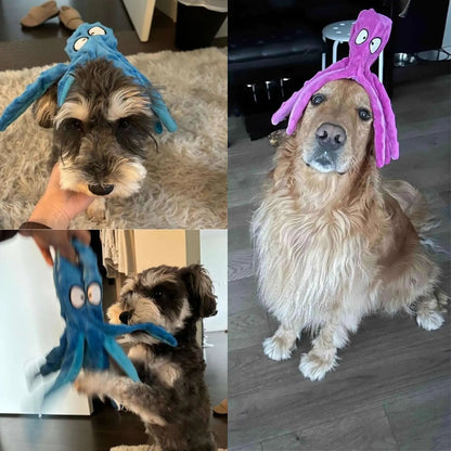 Customer photos of a schnauzer with the blue octopus dog toy and a golden retriever with the pink one.