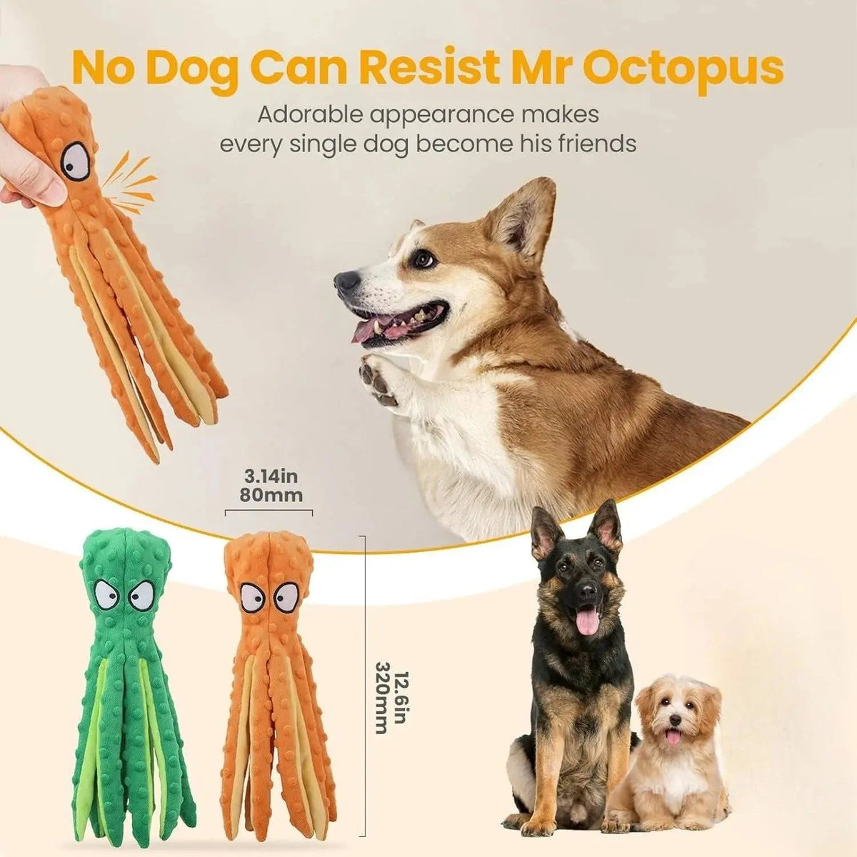 Size panel for the octopus dog toy showing its width and length beside a corgi, a German shepherd and a small white dog.