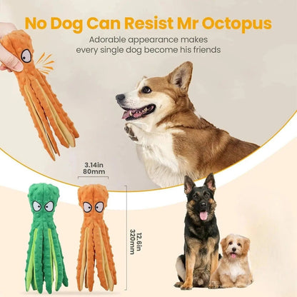 Size panel for the octopus dog toy showing its width and length beside a corgi, a German shepherd and a small white dog.
