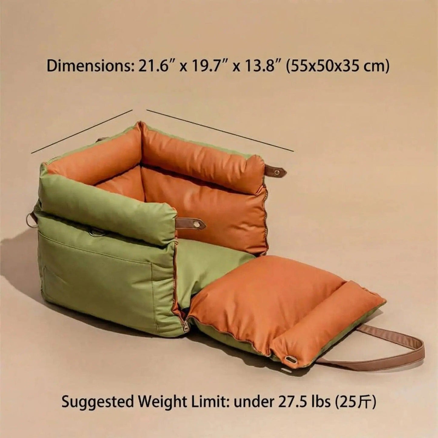 Noblias dog car seat bed in orange and green, faux leather booster seat for safe and comfortable travel with pets.