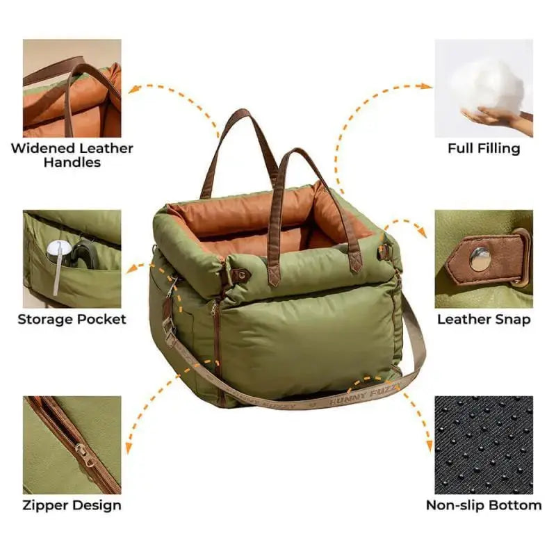 Noblias dog car seat bed in orange and green faux leather, booster seat designed for safe pet travel in a vehicle.