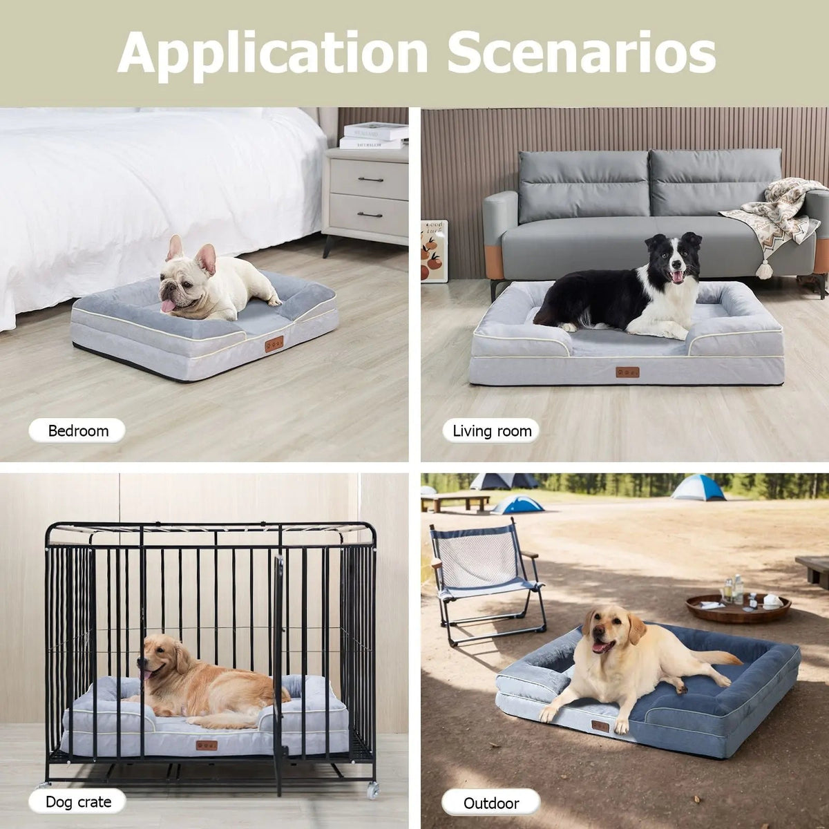 The orthopedic dog bed in use in a bedroom, a living room, a dog crate and outdoors at a campsite.