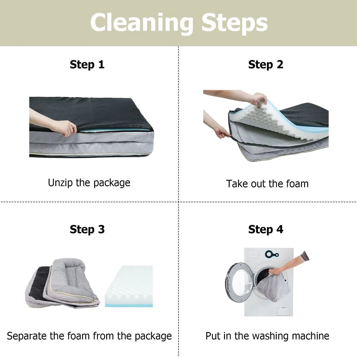Four cleaning steps for the orthopedic dog bed: unzip the cover, take out the foam, separate the foam from the cover and machine wash the cover.