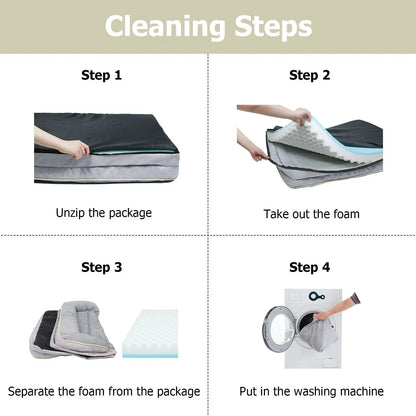 Four cleaning steps for the orthopedic dog bed: unzip the cover, take out the foam, separate the foam from the cover and machine wash the cover.