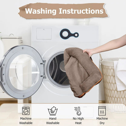 The brown orthopedic dog bed cover being loaded into a washing machine, labeled machine washable, hand washable, no high heat and machine dry.