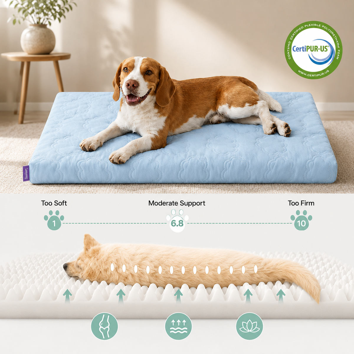Cross section of the egg crate foam inside the Noblias orthopedic dog bed, rated moderate support at 6.8 out of 10.