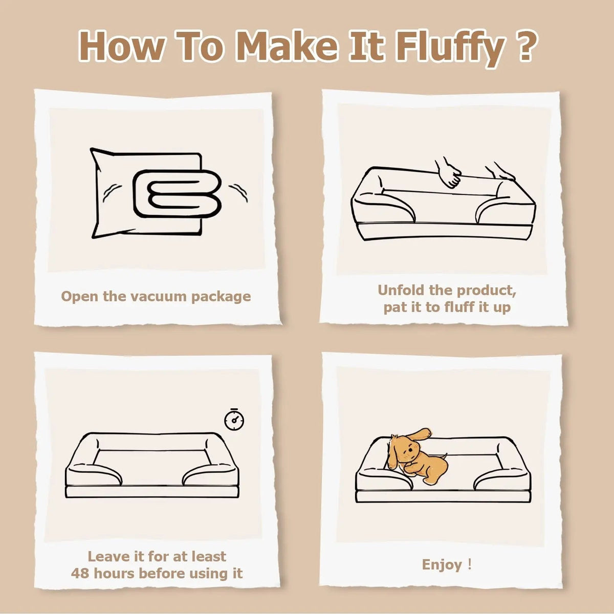 Four steps for lofting the orthopedic dog bed after unboxing: open the vacuum package, unfold and pat the bed, leave it to expand, then let the dog use it.