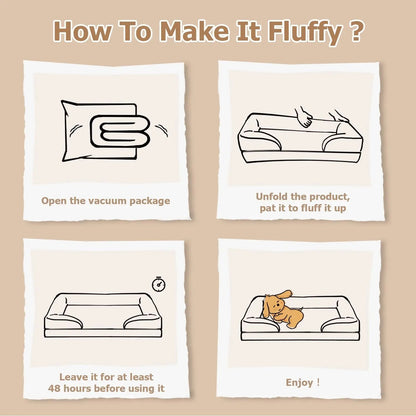 Four steps for lofting the orthopedic dog bed after unboxing: open the vacuum package, unfold and pat the bed, leave it to expand, then let the dog use it.