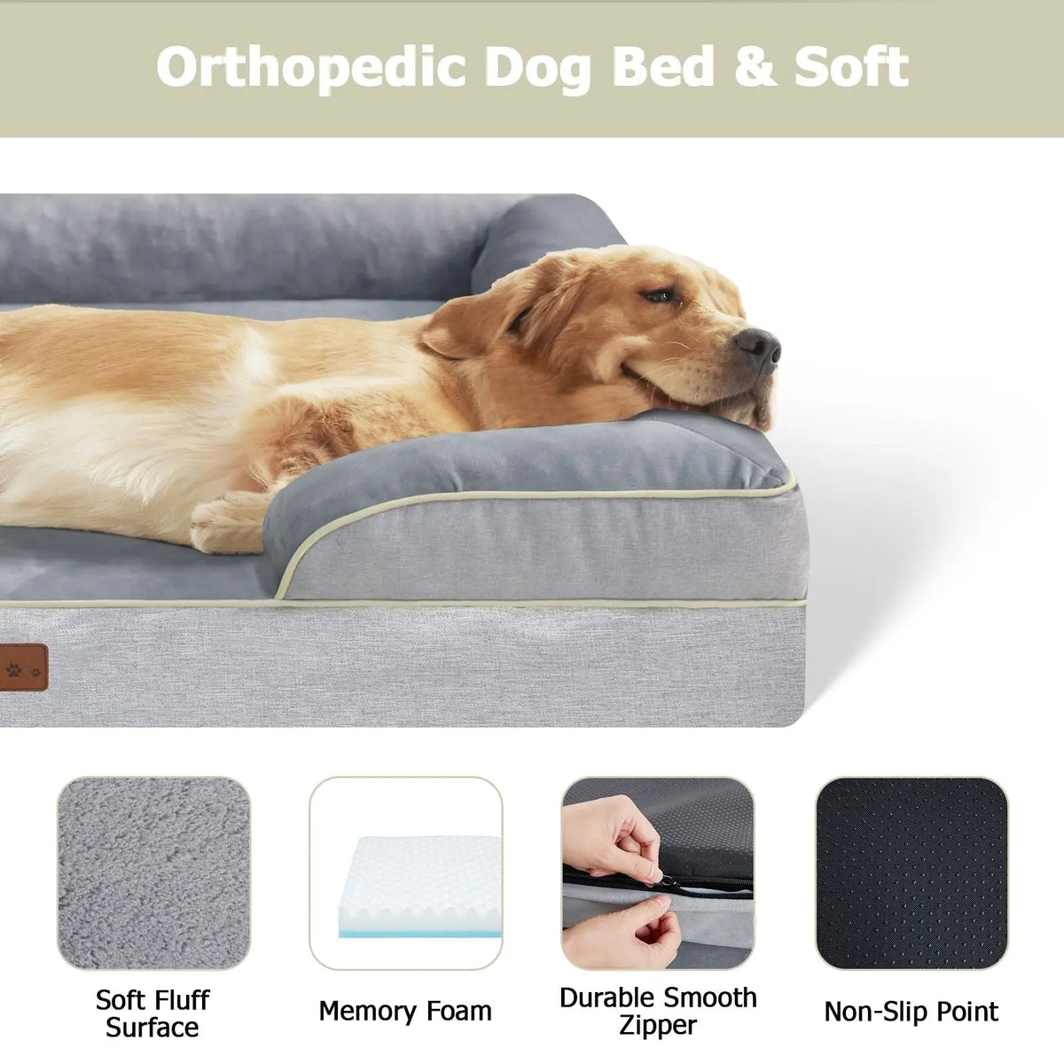 Labrador asleep on the grey orthopedic dog bed, labeled soft fluff surface, memory foam, durable smooth zipper and non-slip base.