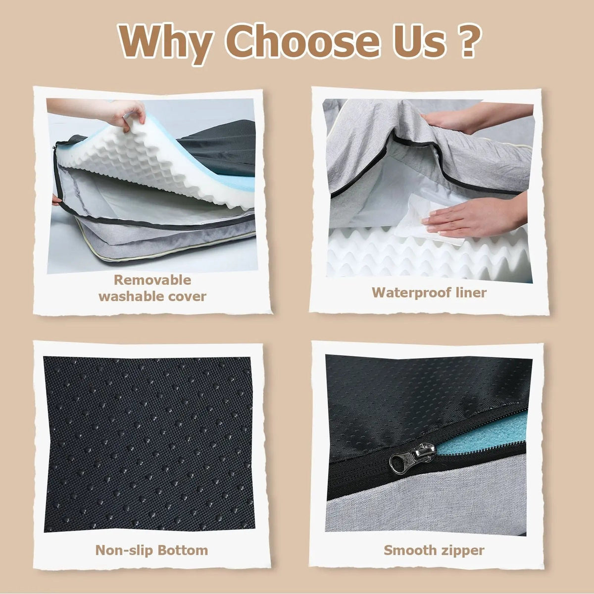 Close ups of the orthopedic dog bed showing the removable washable cover, the waterproof liner, the non-slip bottom and the smooth zipper.