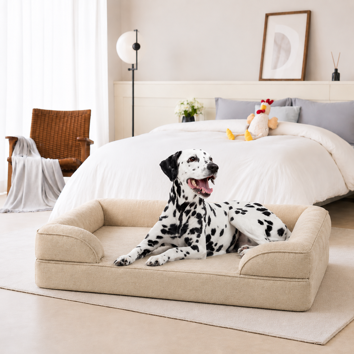 Dalmatian lying on the beige orthopedic dog sofa bed beside a made bed in a bright bedroom.
