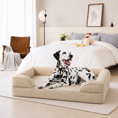 Dalmatian lying on the beige orthopedic dog sofa bed beside a made bed in a bright bedroom.