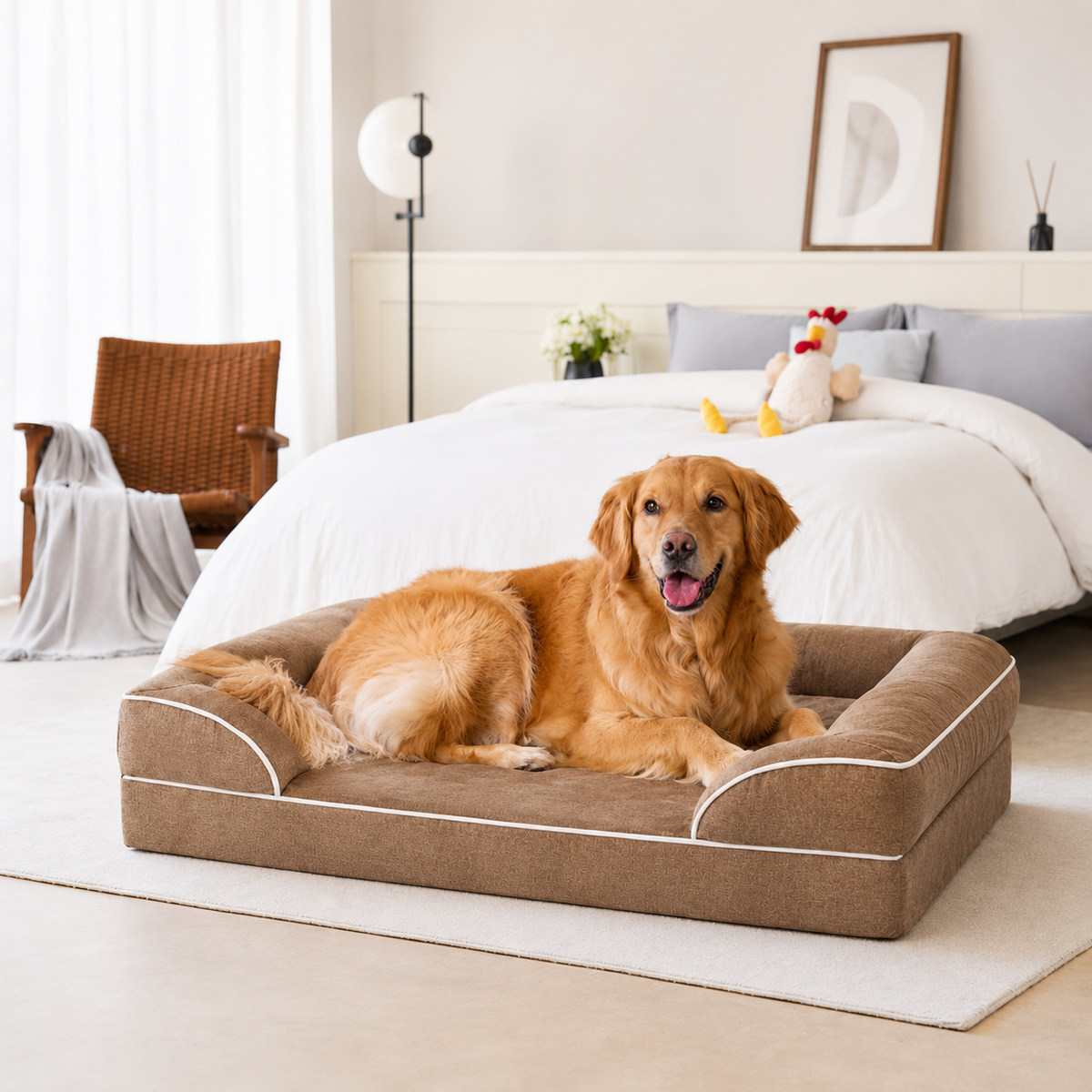 Golden retriever lying on the camel orthopedic dog sofa bed with contrast piping along the bolster edge.
