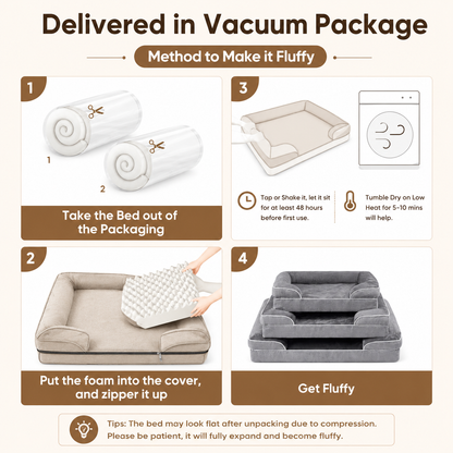 Four steps for lofting the orthopedic dog sofa bed after unboxing: take the bed out of the packaging, put the foam into the cover and zip it, tap and leave it to expand, then get fluffy.