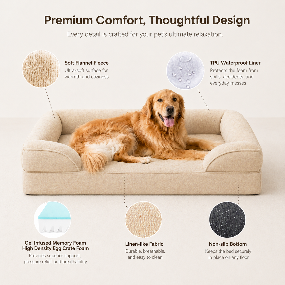 Golden retriever on the beige orthopedic dog sofa bed, with callouts for the soft flannel fleece, TPU waterproof liner, gel-infused memory foam, linen-like fabric and non-slip bottom.