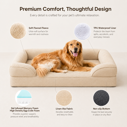 Golden retriever on the beige orthopedic dog sofa bed, with callouts for the soft flannel fleece, TPU waterproof liner, gel-infused memory foam, linen-like fabric and non-slip bottom.