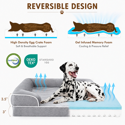 Reversible design panel showing the high density egg crate foam side for breathable support and the gel infused memory foam side for cooling pressure relief, with CertiPUR-US and OEKO-TEX badges.