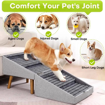 Corgi walking up the ribbed ramp with icons for aged dogs, injured dogs, small dogs and short leg dogs