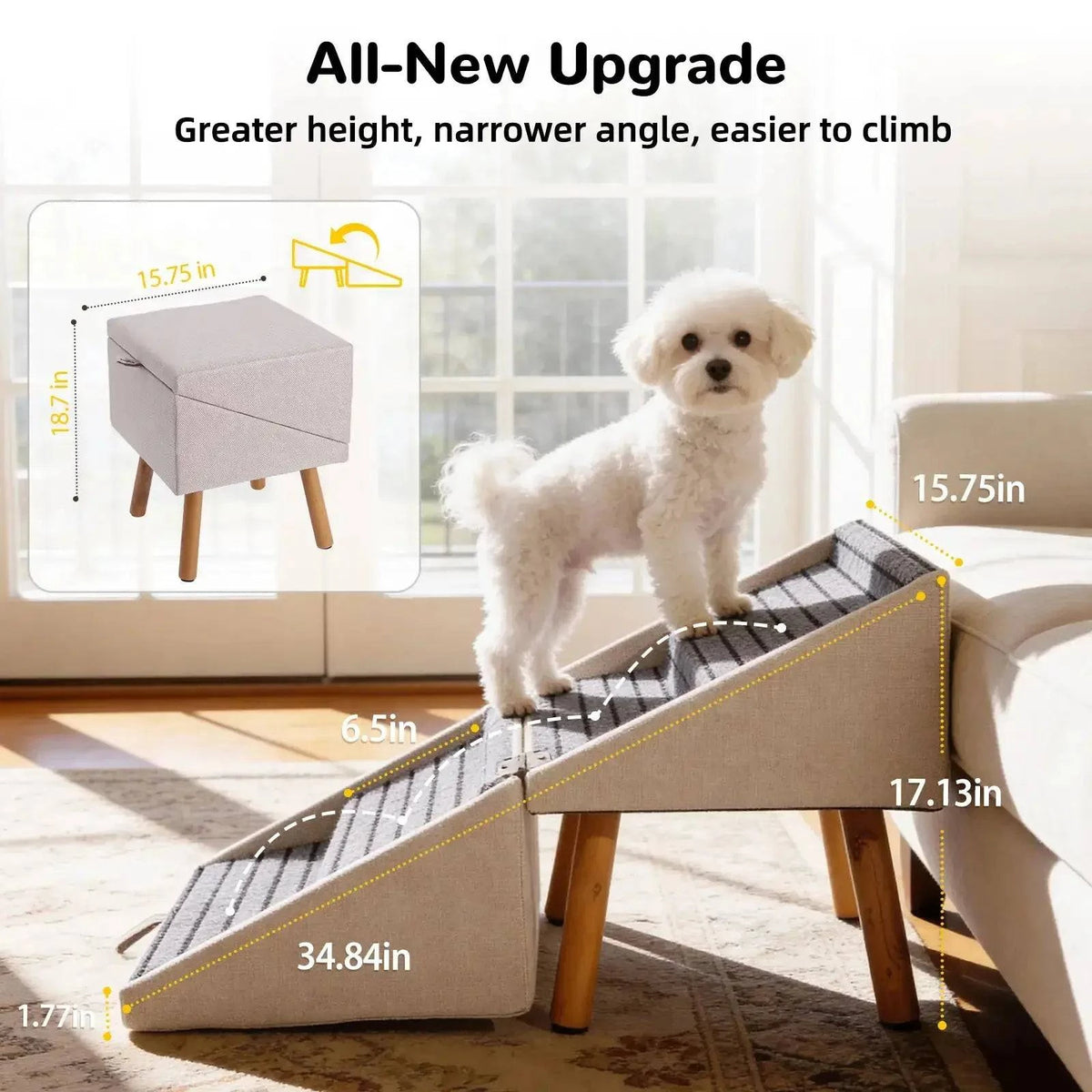 Dimension diagram of the ottoman dog ramp showing ramp length, width and height, and the folded stool height and width
