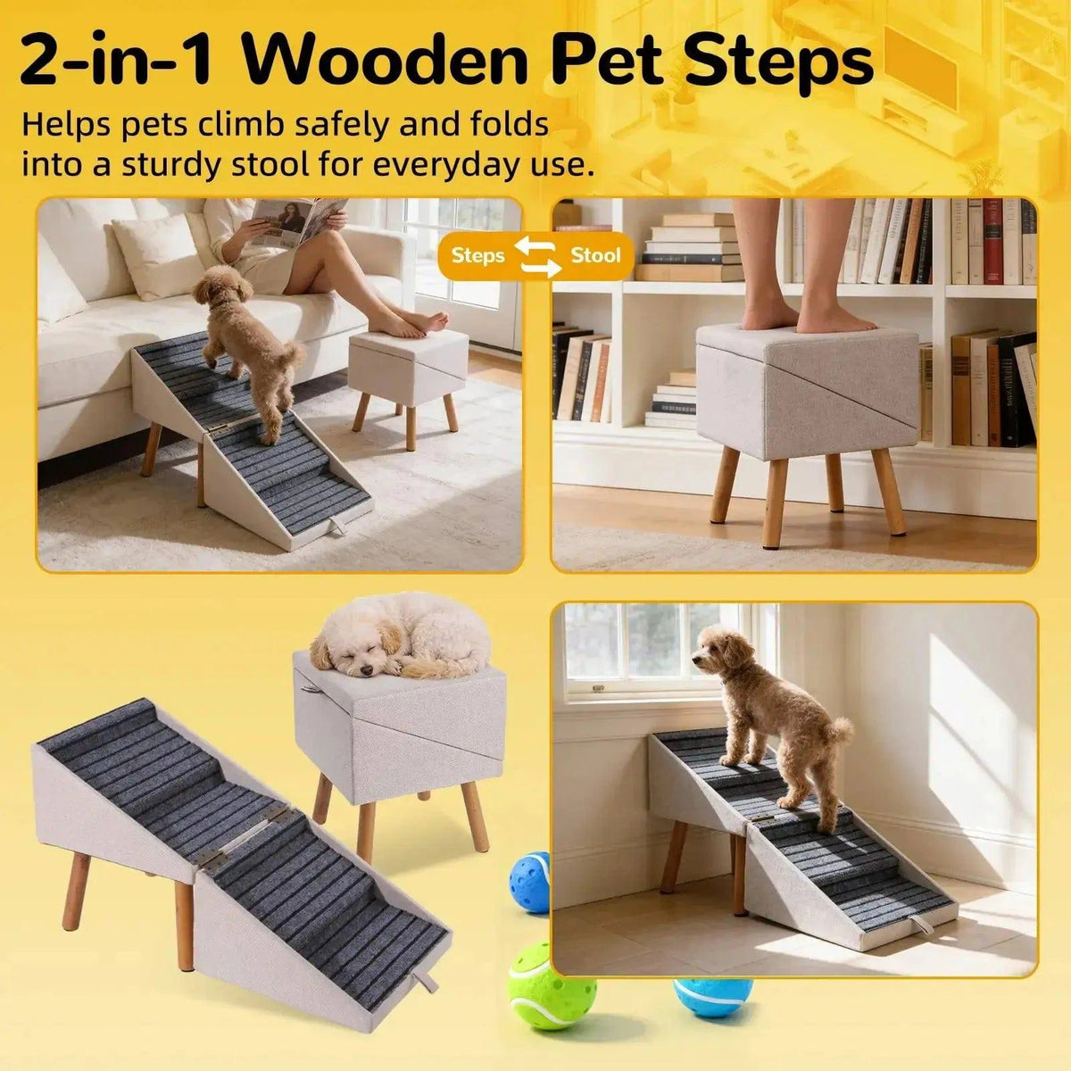 Four views of the 2-in-1 wooden pet steps: unfolded as a ramp by the sofa and folded into a linen footstool with wooden legs