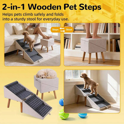 Four views of the 2-in-1 wooden pet steps: unfolded as a ramp by the sofa and folded into a linen footstool with wooden legs