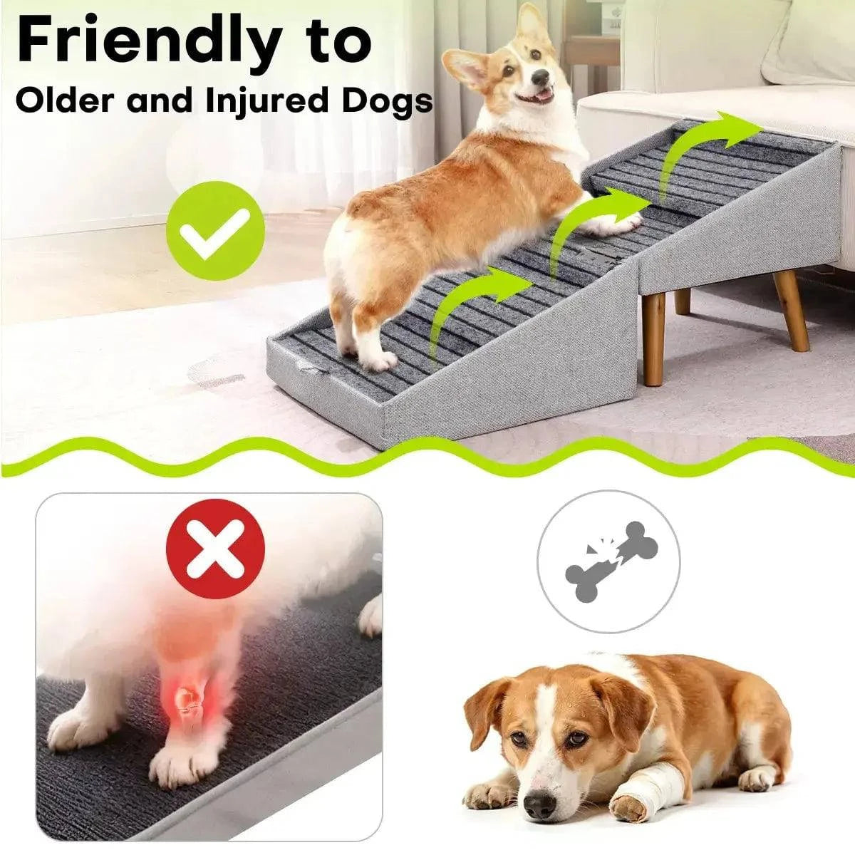 Older dog climbing the gentle incline of the ottoman dog ramp, labeled friendly to older and injured dogs, next to a warning about jumping