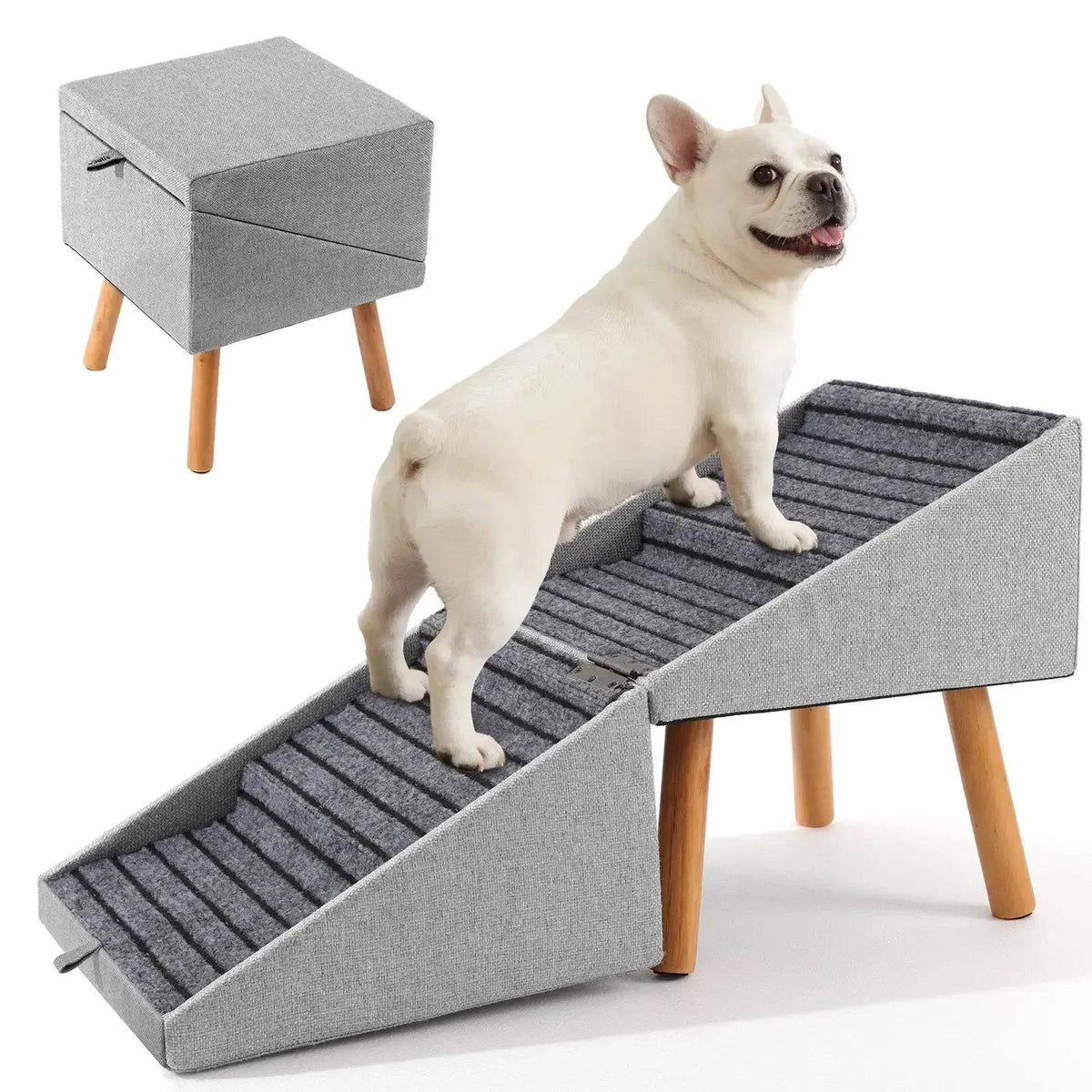French Bulldog standing on the ribbed gray surface of the ottoman dog ramp with the closed linen stool behind it