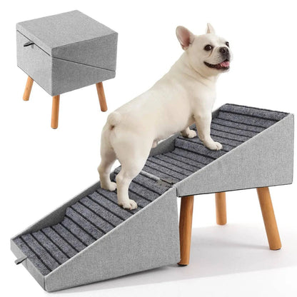 French Bulldog standing on the ribbed gray surface of the ottoman dog ramp with the closed linen stool behind it