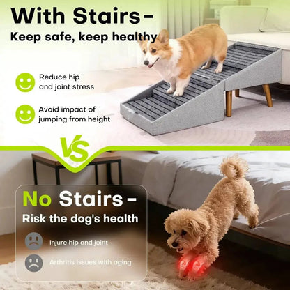 With the ramp a Corgi walks up to the sofa and avoids hip and joint stress; without it a dog jumps down and risks injury