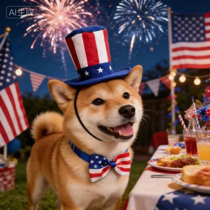 Shiba Inu in the stars and stripes top hat and flag bow tie at a garden party with fireworks overhead.